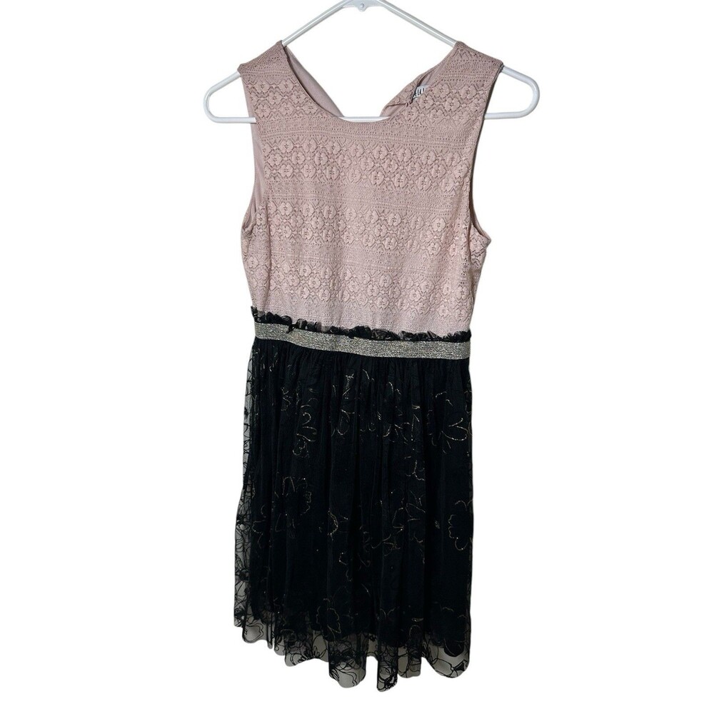 AUW Pink Lace Black Tulle Dress With Gold Accents Girls Size 16 Formal Dance